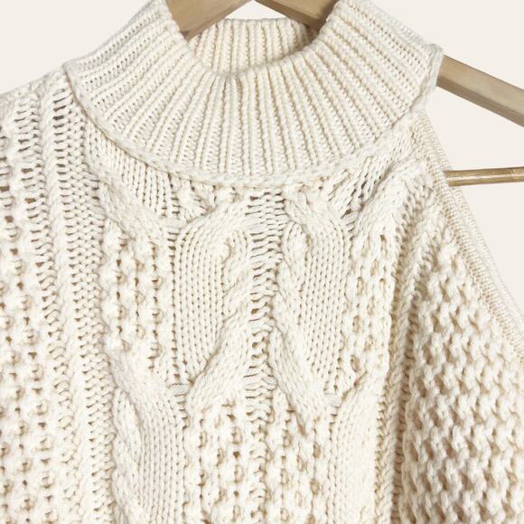 INTERMIX Britta Ivory Cold Shoulder Cableknit Wool Sweater Size Petite - Picture 7 of 9